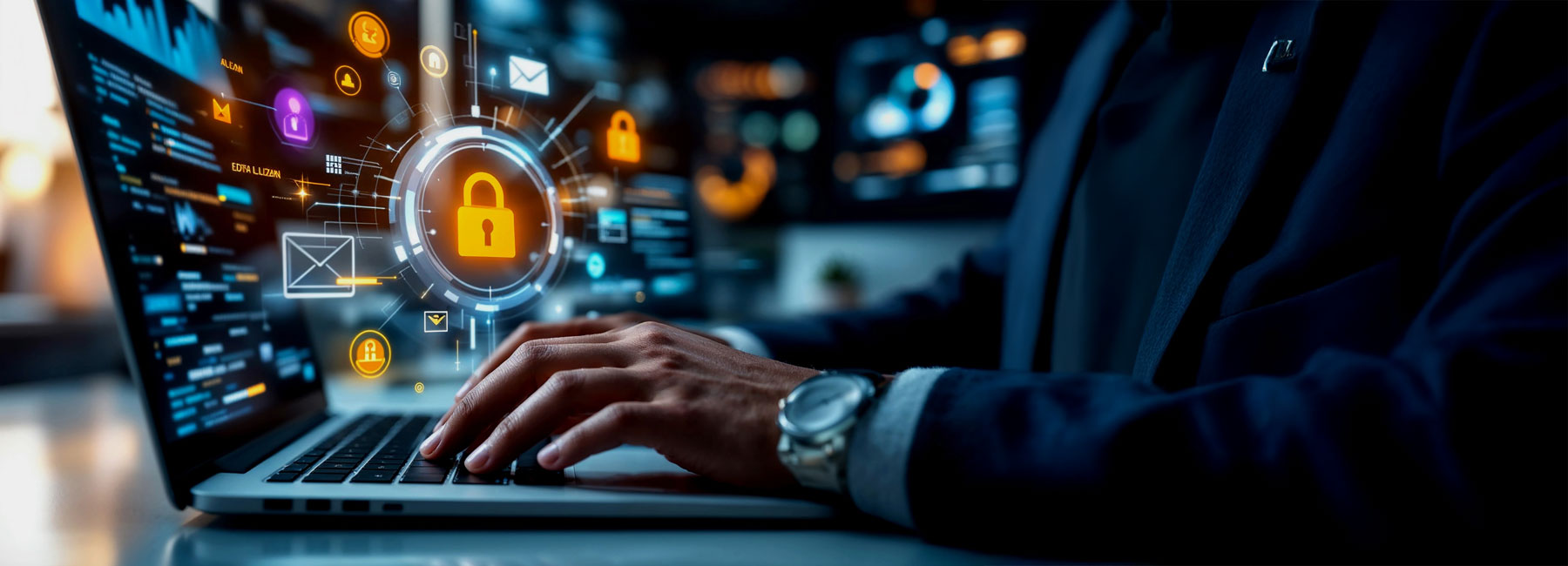 hands on laptop with gold lock