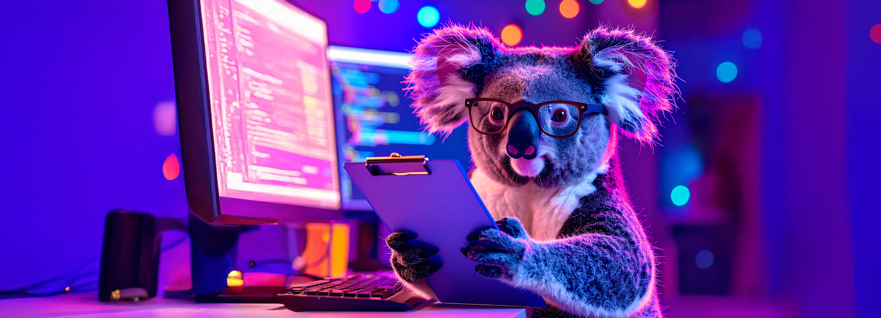 Tech savvy koala with glasses holding a clipboard with a computer in the background
